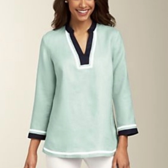 Talbot Linen mint green Seabreeze Linen Tunic Top shirt v neck loose fit size MP - Picture 1 of 7